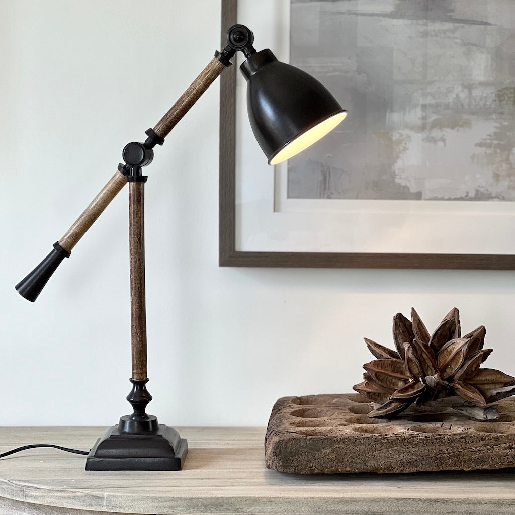 Wood and Dark Metal Desk Lamp