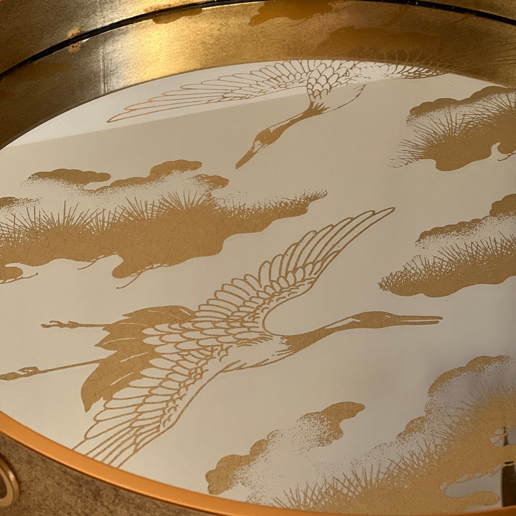 Cranes Clouds Antiqued Gold Mirror Tray