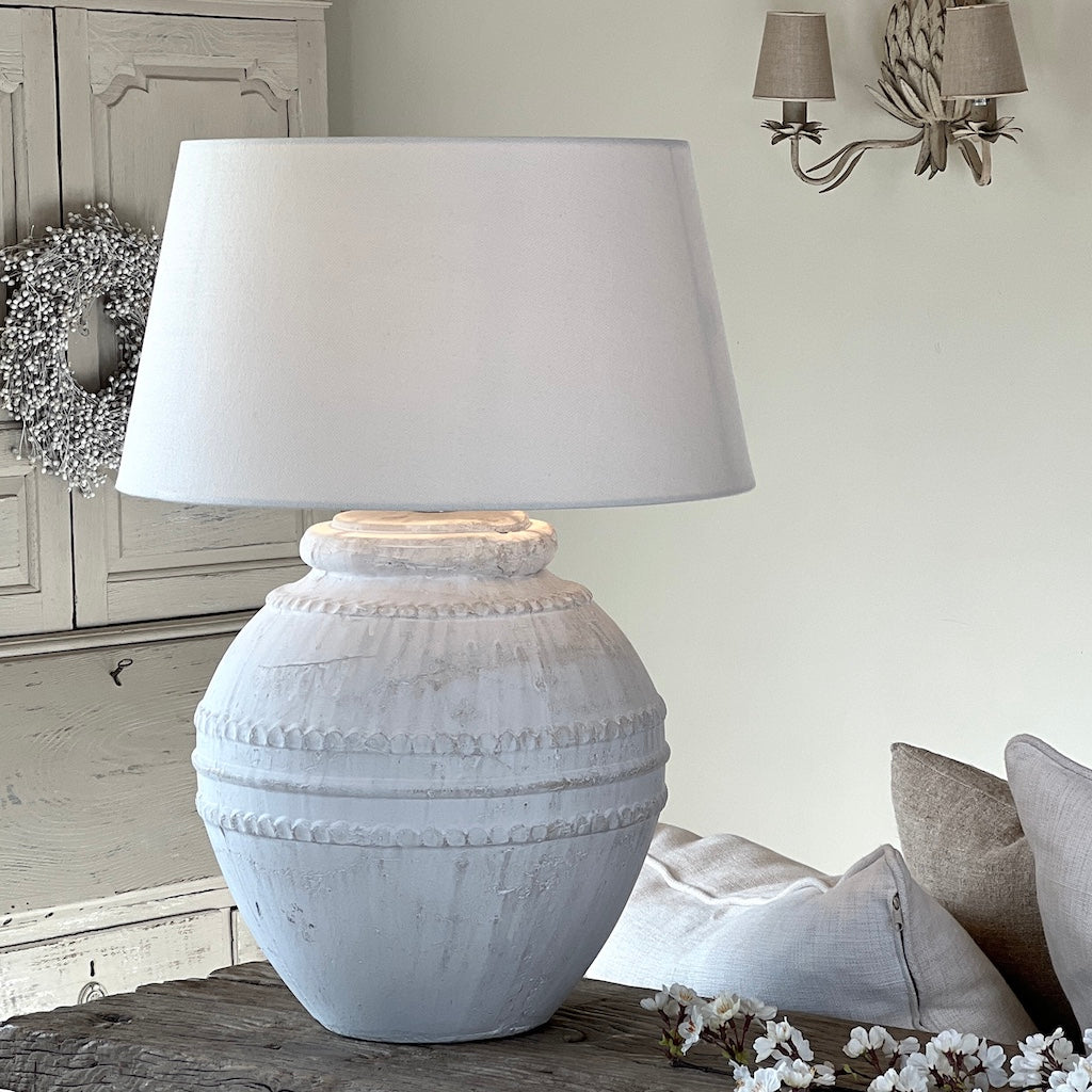 Large Chalk White Tuscan Stone Effect Aged Ceramic Table Lamp