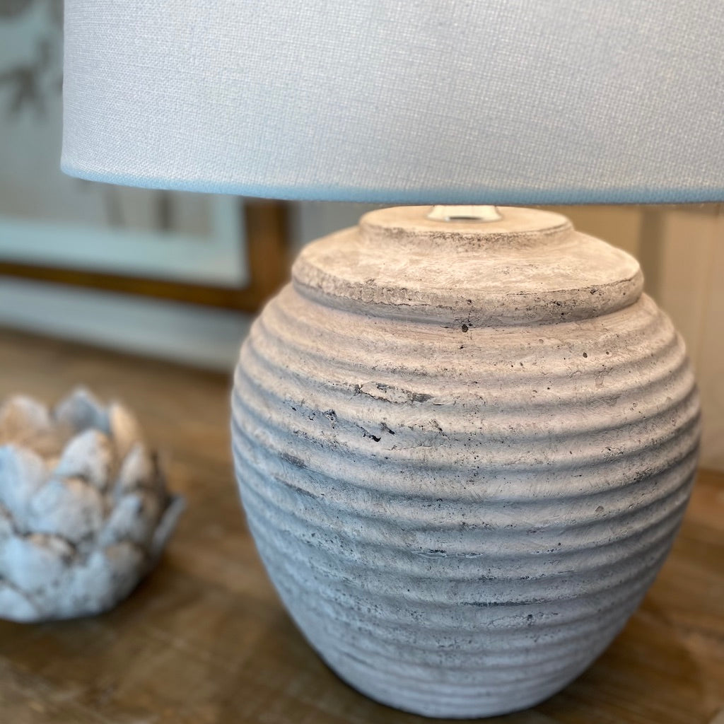 Ribbed Pale Grey Stone Effect Aged Ceramic Table Lamp