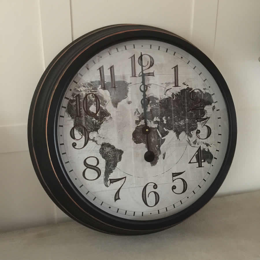 Round Distressed World Map Metal Wall Clock  - English Electric Clock Company