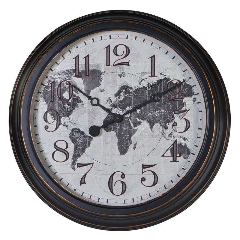 Round Distressed World Map Metal Wall Clock