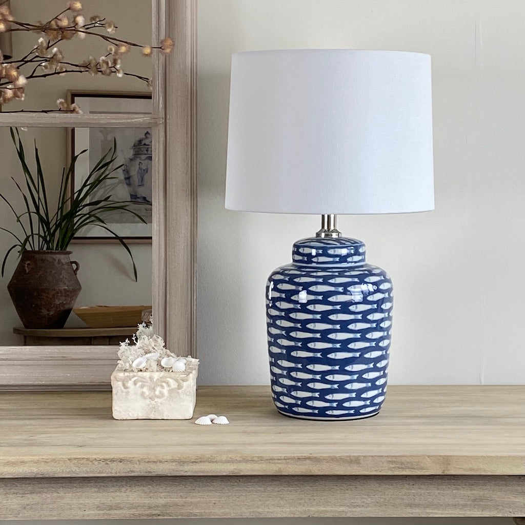 Blue and White Ceramic Fish Table Lamp