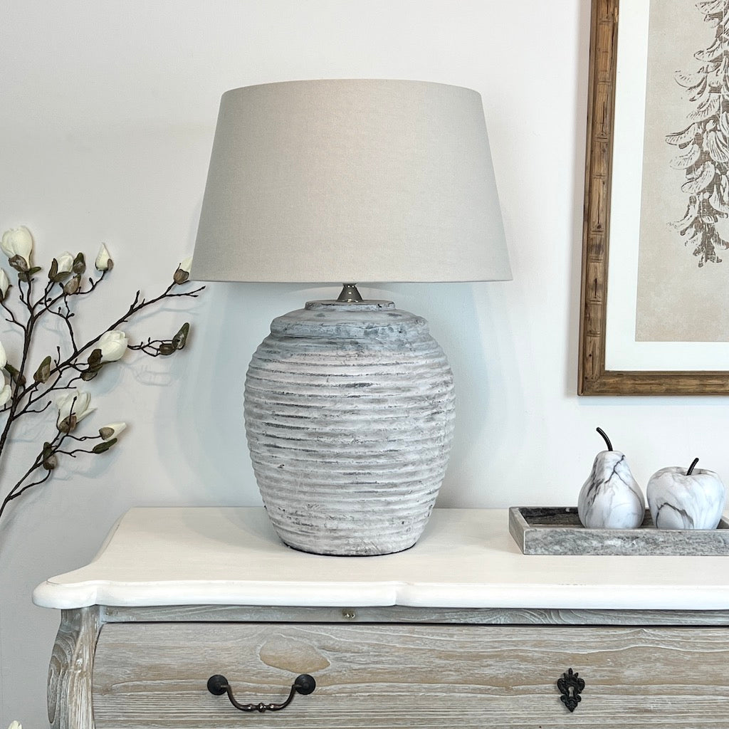Large Ribbed Pale Grey Distressed Table Lamp Limestone Linen Shade