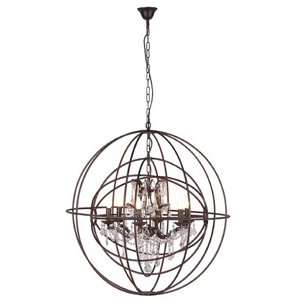Large Round Metal Foucaults Double Orb Chandelier Crystal Droplets
