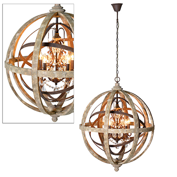 Large Round Wooden Orb Chandelier with Metal Orb Detail and Crystal Droplets