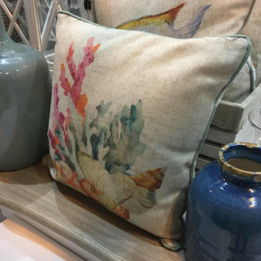 Shell Linen Mix Cushion with Teal Piping and Feather filler 50x50cm