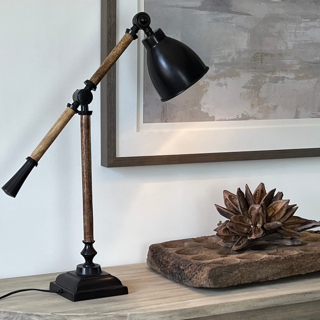 Wood and Dark Metal Desk Lamp