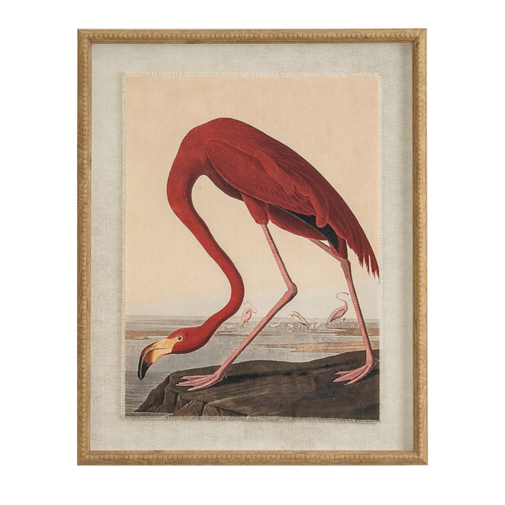 Flamingo And Heron Artwork On Linen In Beaded Frame
