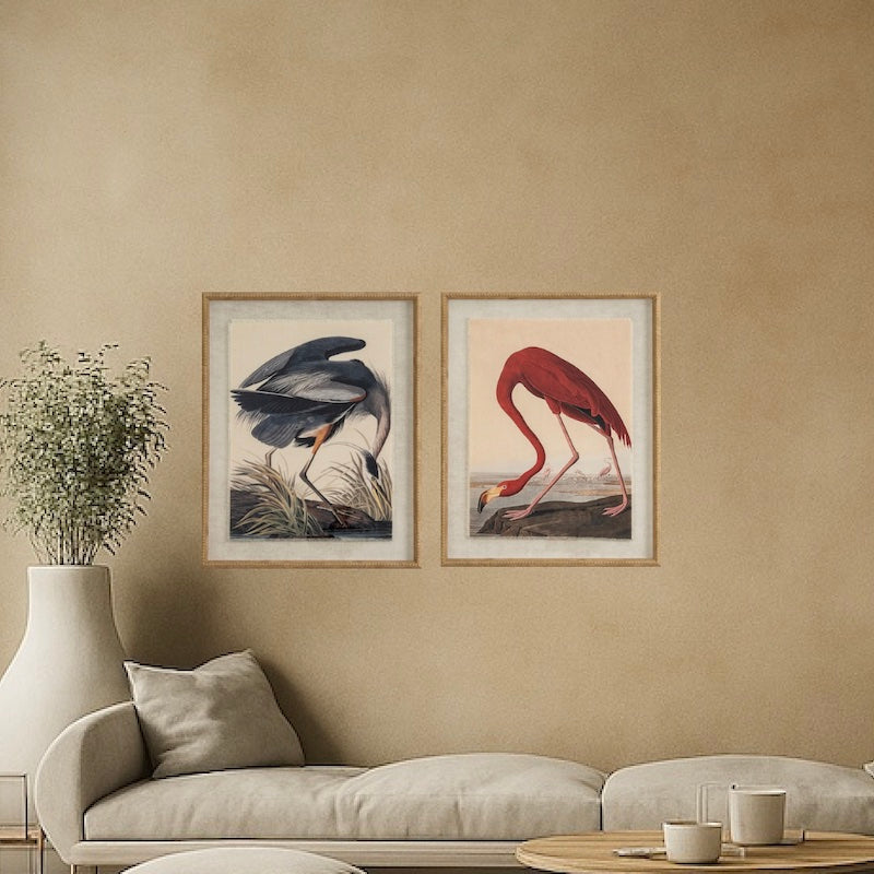 Flamingo And Heron Artwork On Linen In Beaded Frame