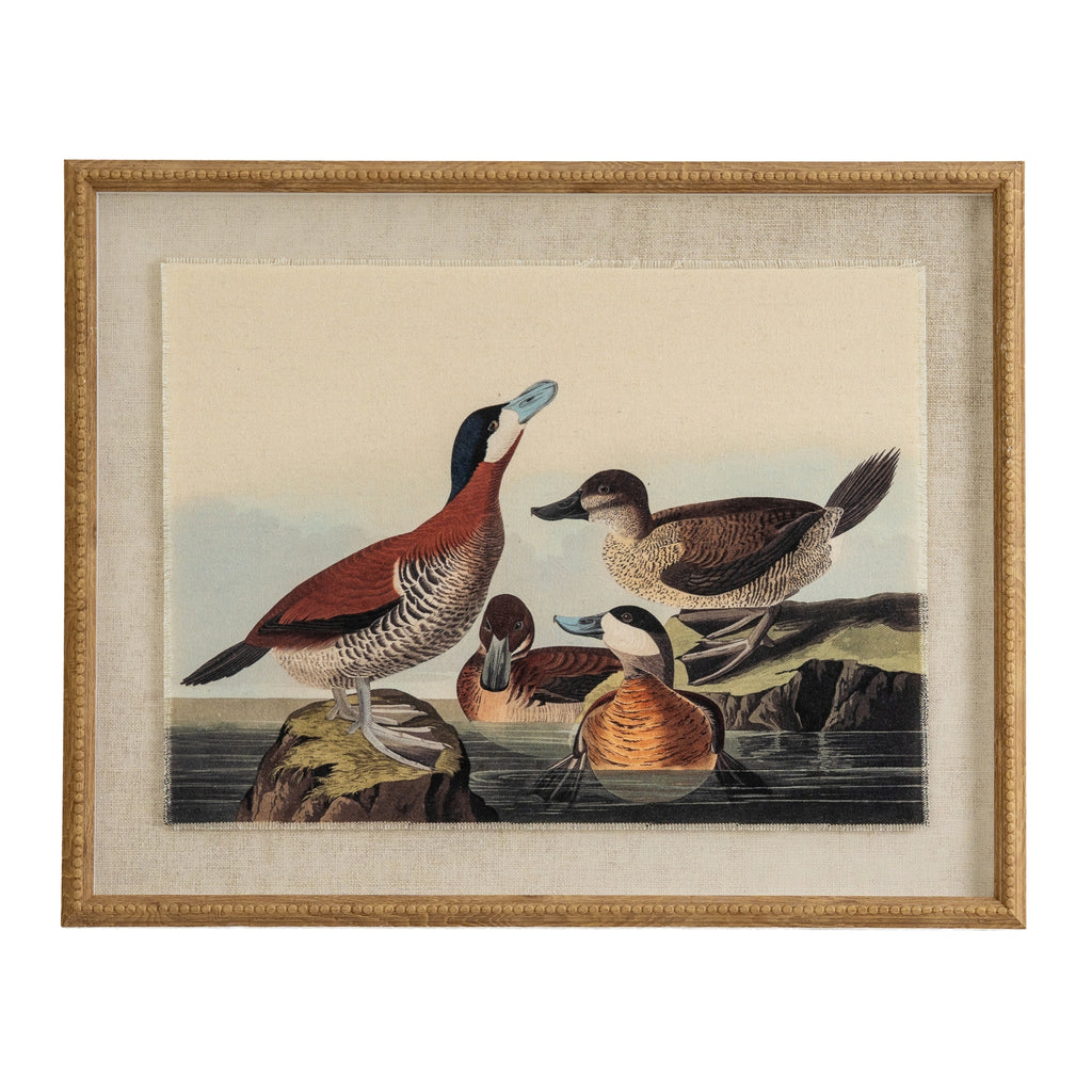 Set Of 4 Ducks Artwork On Linen In Beaded Frame