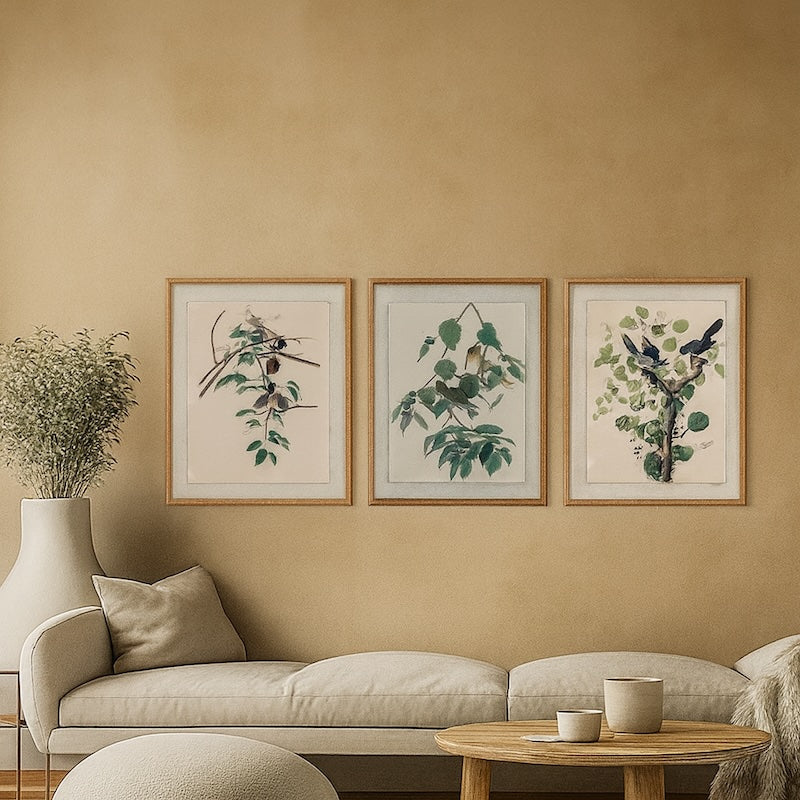 Birds In Foliage Artwork On Linen In Beaded Frame Set of 3