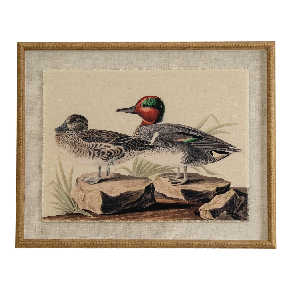 Set Of 4 Ducks Artwork On Linen In Beaded Frame