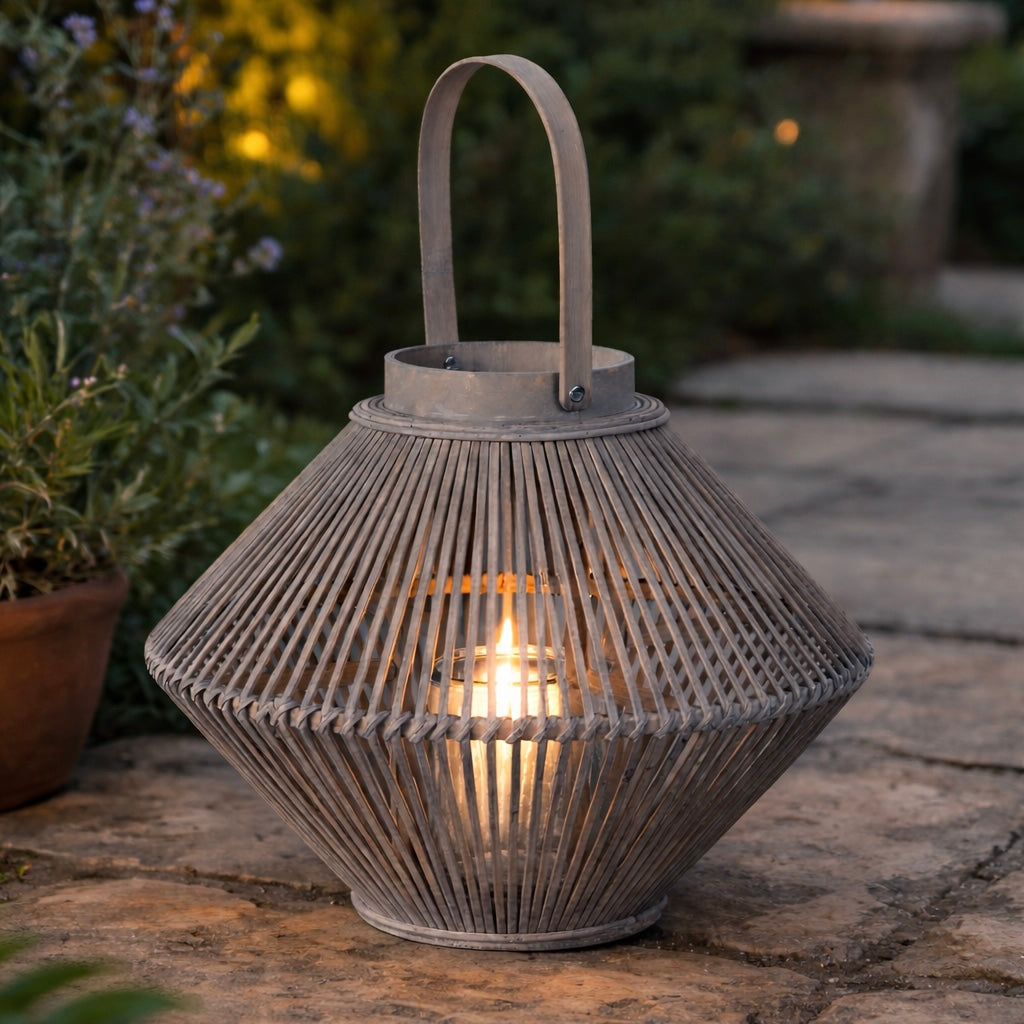 Grey Rattan Outdoor Lantern with Handle – Cowshed Interiors