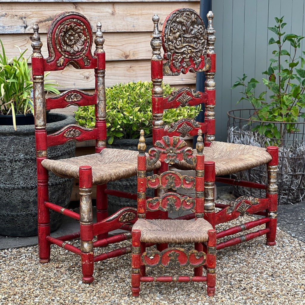 Vintage Spanish Catalan Chairs with Rush Seat Set of 3