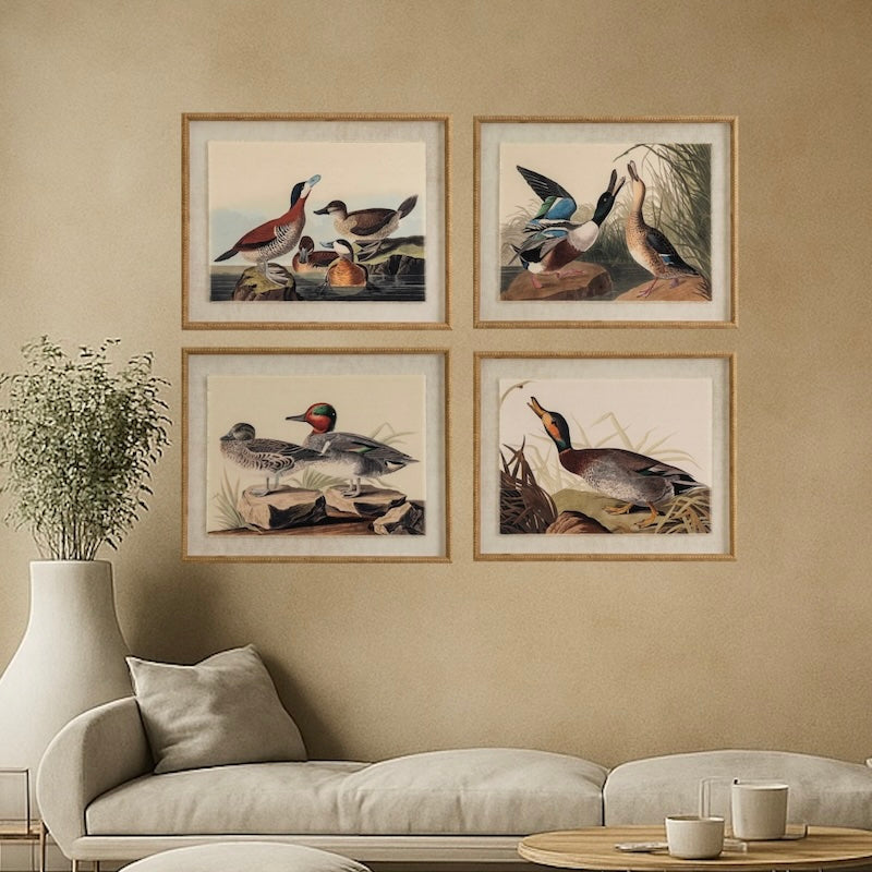Set Of 4 Ducks Artwork On Linen In Beaded Frame