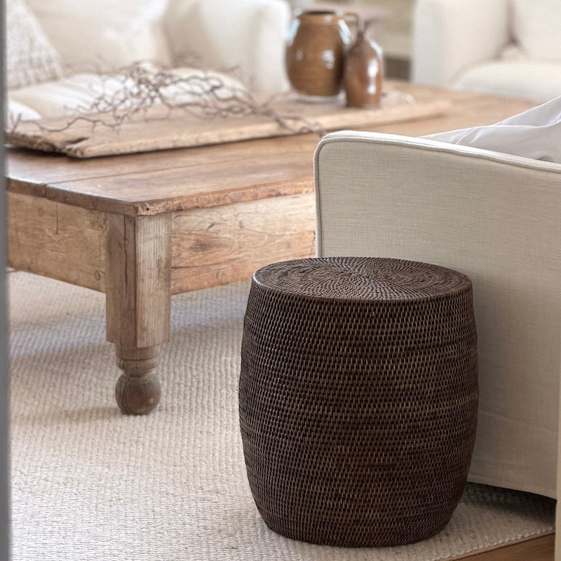 Rattan Drum Stool Antique Brown