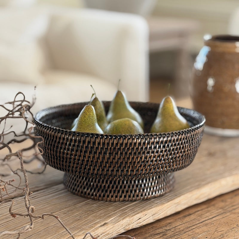 Rattan Round Pedestal Bowl Antique Brown