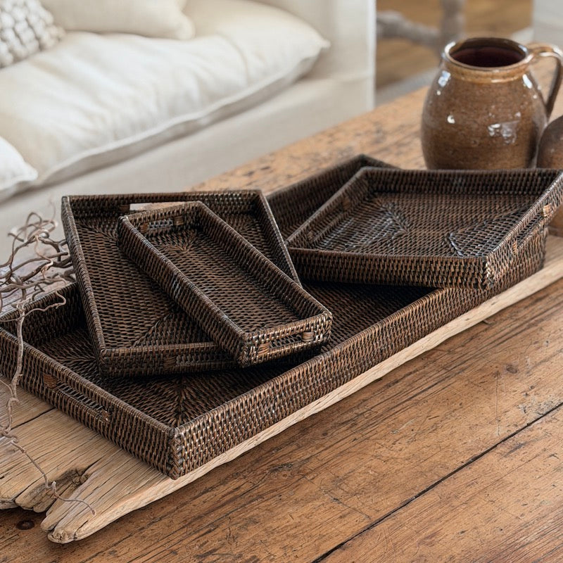 Antique Brown Low Profile Rattan Trays Four Sizes Available