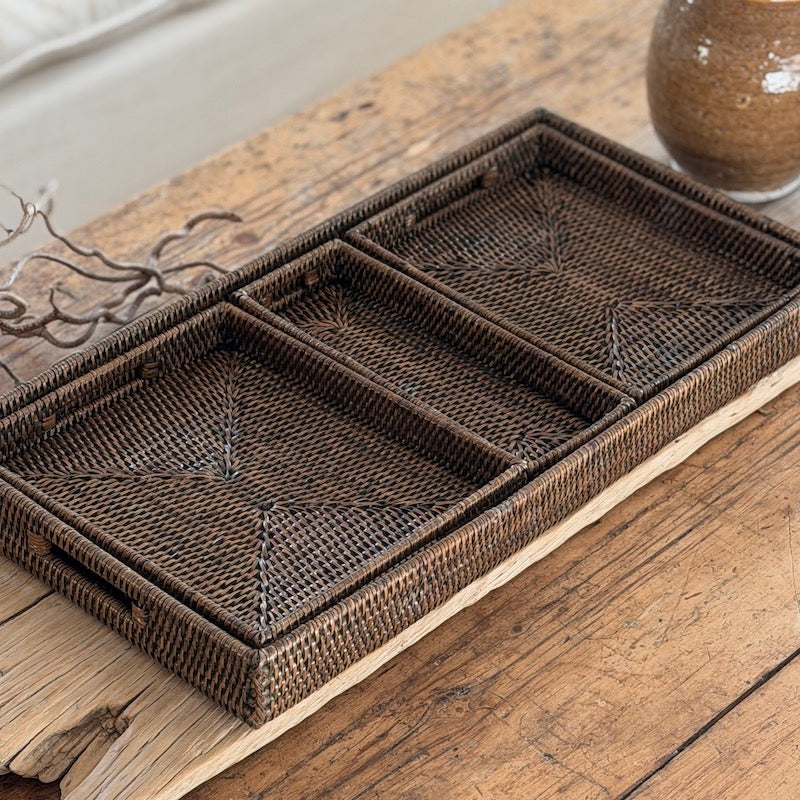Antique Brown Low Profile Rattan Trays Four Sizes Available