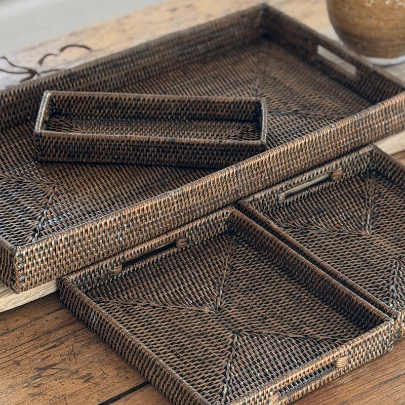 Antique Brown Low Profile Rattan Trays Four Sizes Available