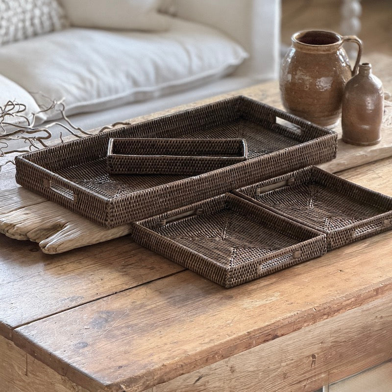 Antique Brown Low Profile Rattan Trays Four Sizes Available