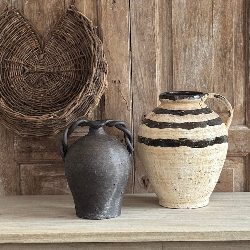 Artisan Rustic Twisted Handle Vase & Striped Terracotta Pitcher