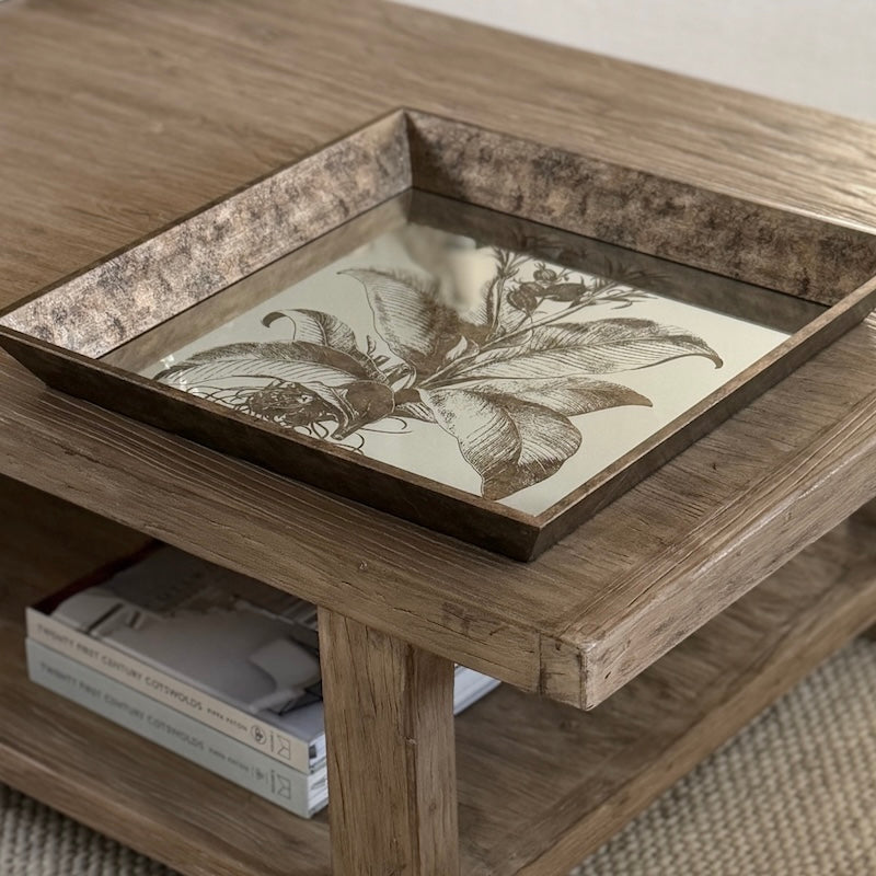 Antiqued Gold Square Mirrored Floral Tray