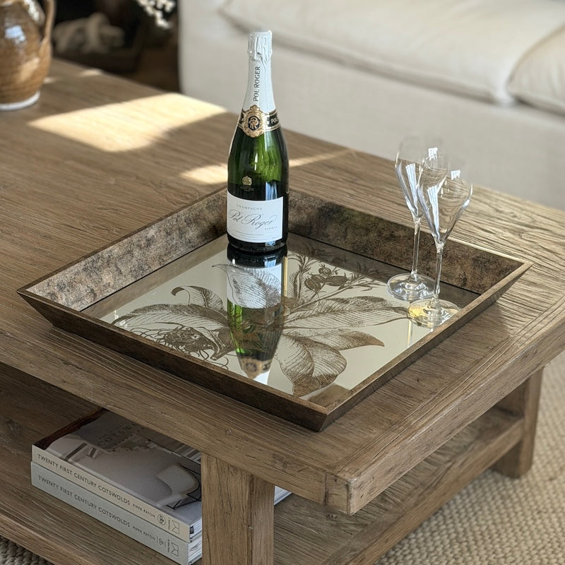 Antiqued Gold Square Mirrored Floral Tray