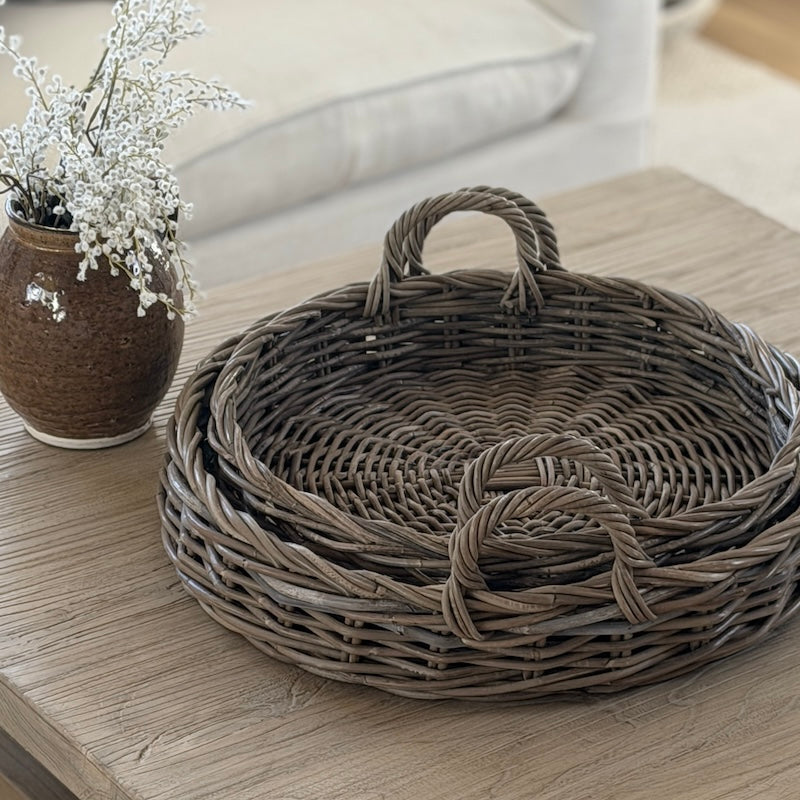 Round Woven Rattan Tray With Handles – Set of 2 Available