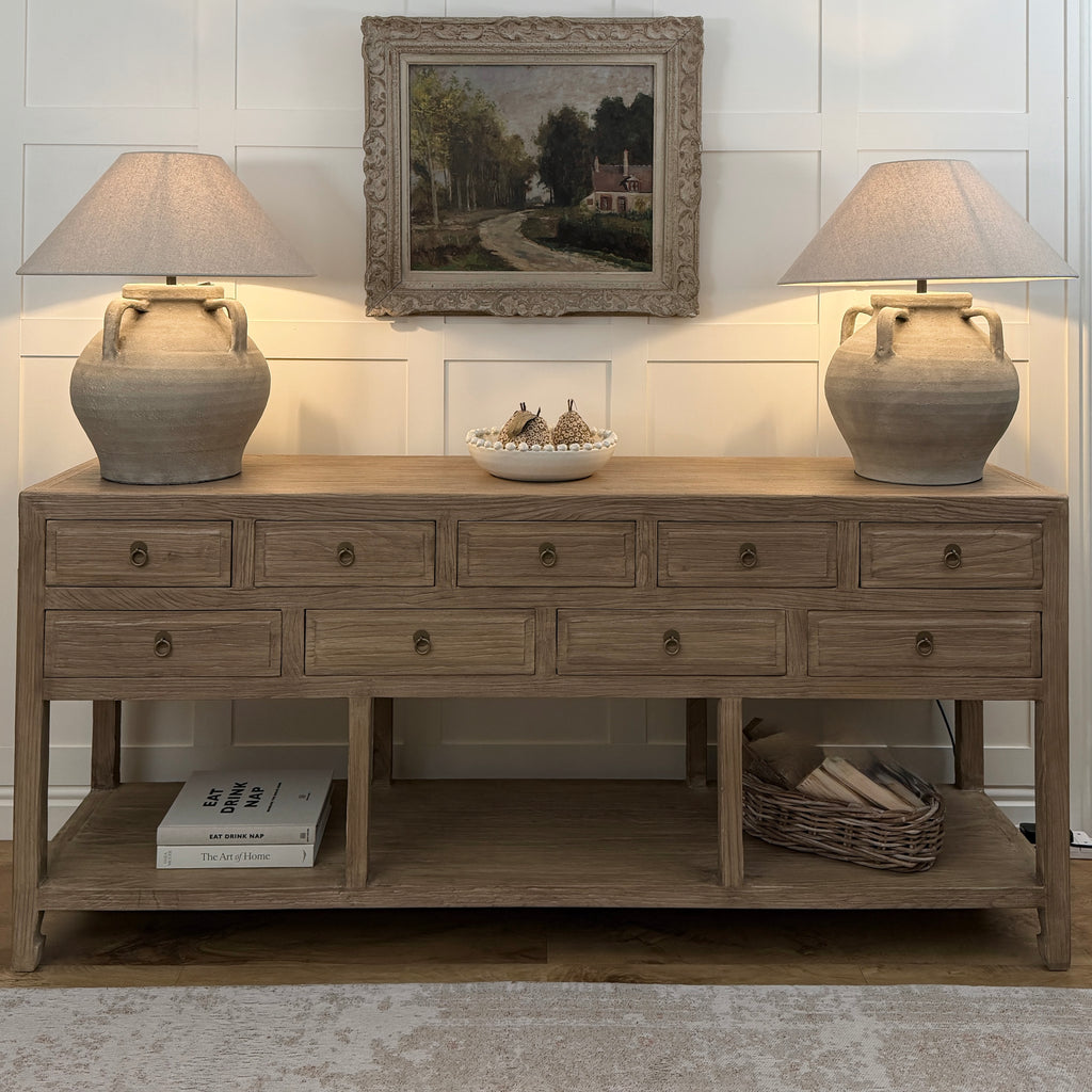 Natural Reclaimed Elm 9 Drawer Console Table with Shelf