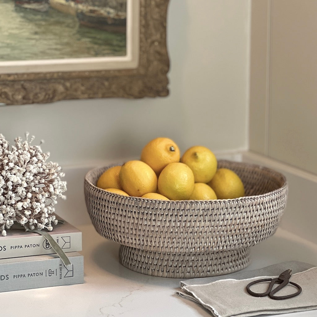 Lrg. Italian ceramic basket weave fruit bowl with lemon,flower and le Lrg. Italian ceramic basket weave fruit bowl with lemon,flower and le