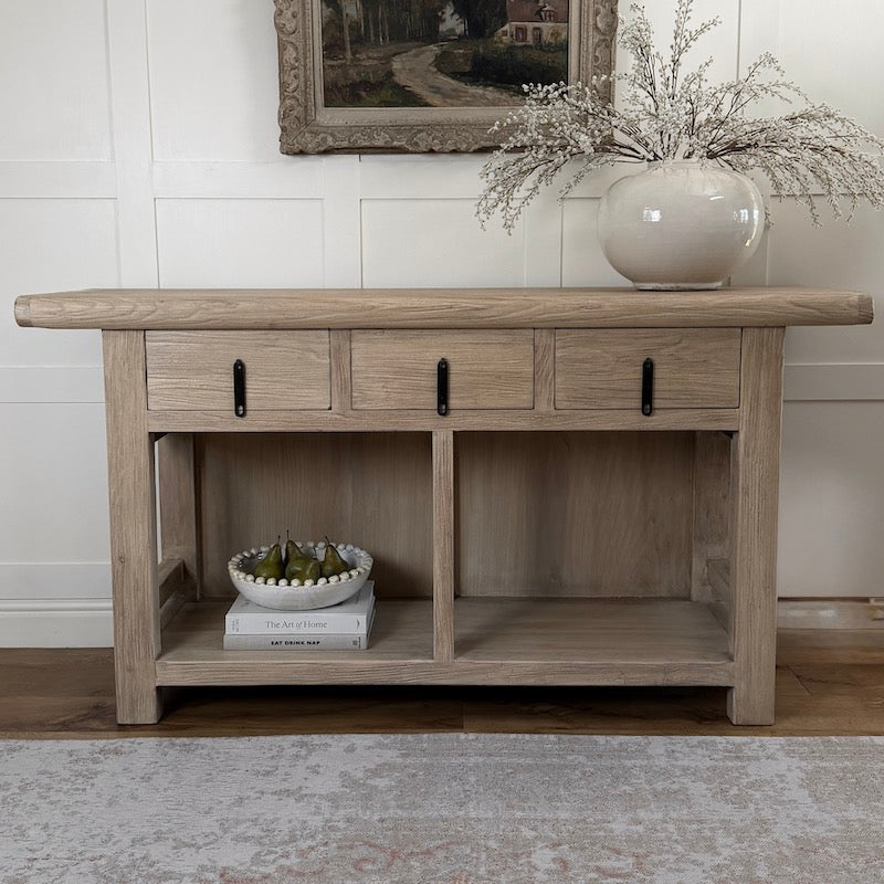 Reclaimed Elm 3 Drawer Solid Back Farmhouse Country Console Table Light - 160cm