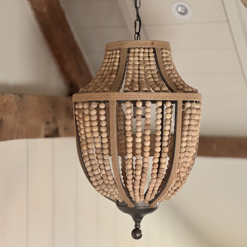 Natural Rope Metal Frame Wooden Bead Chandelier