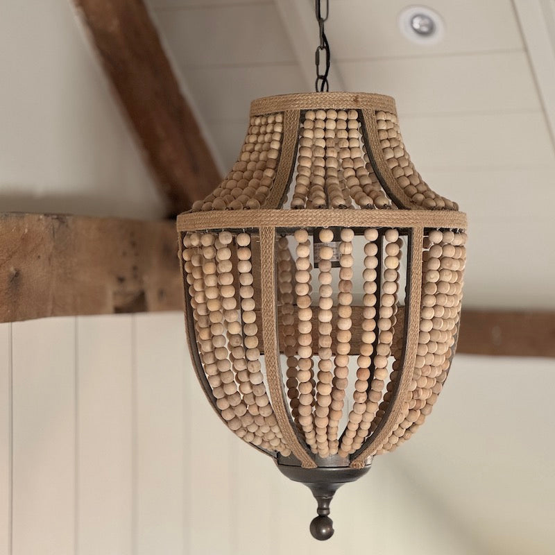 Natural Rope Metal Frame Wooden Bead Chandelier