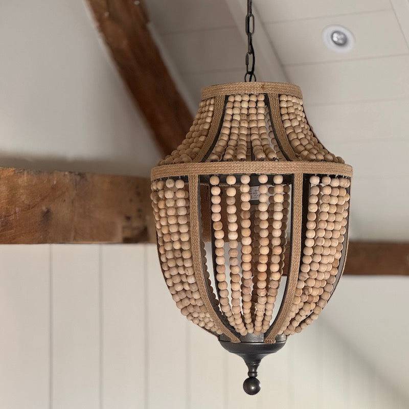 Natural Rope Metal Frame Wooden Bead Chandelier