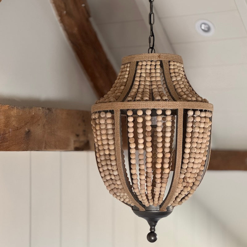 Natural Rope Metal Frame Wooden Bead Chandelier