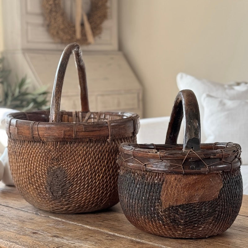 Vintage Chinese Dark Round Harvest Basket