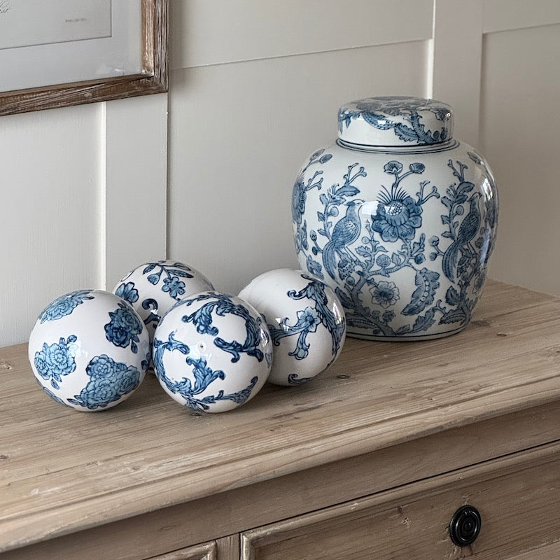 Ginger Jar Denim Blue Bird Flower Design