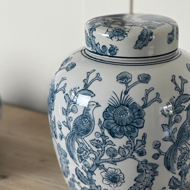 Ginger Jar Denim Blue Bird Flower Design