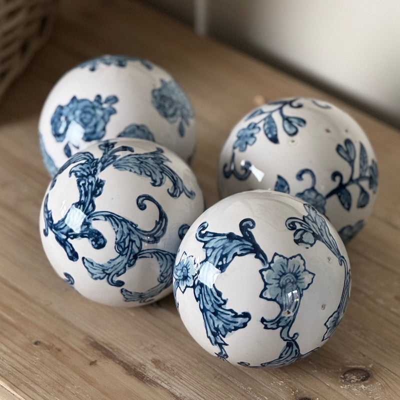Denim Blue Set 4 Ceramic Floral Orbs