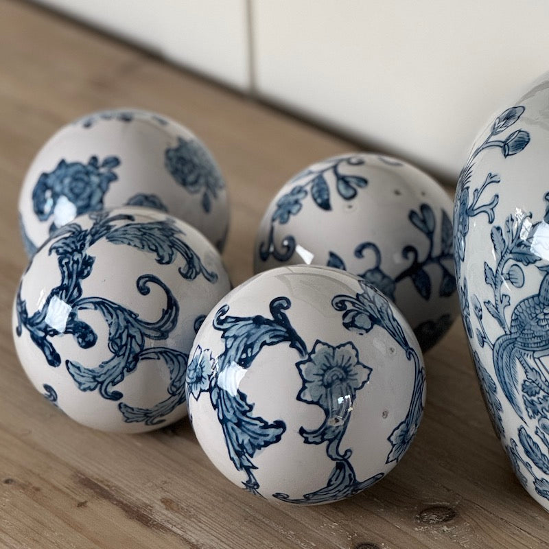 Denim Blue Set 4 Ceramic Floral Orbs