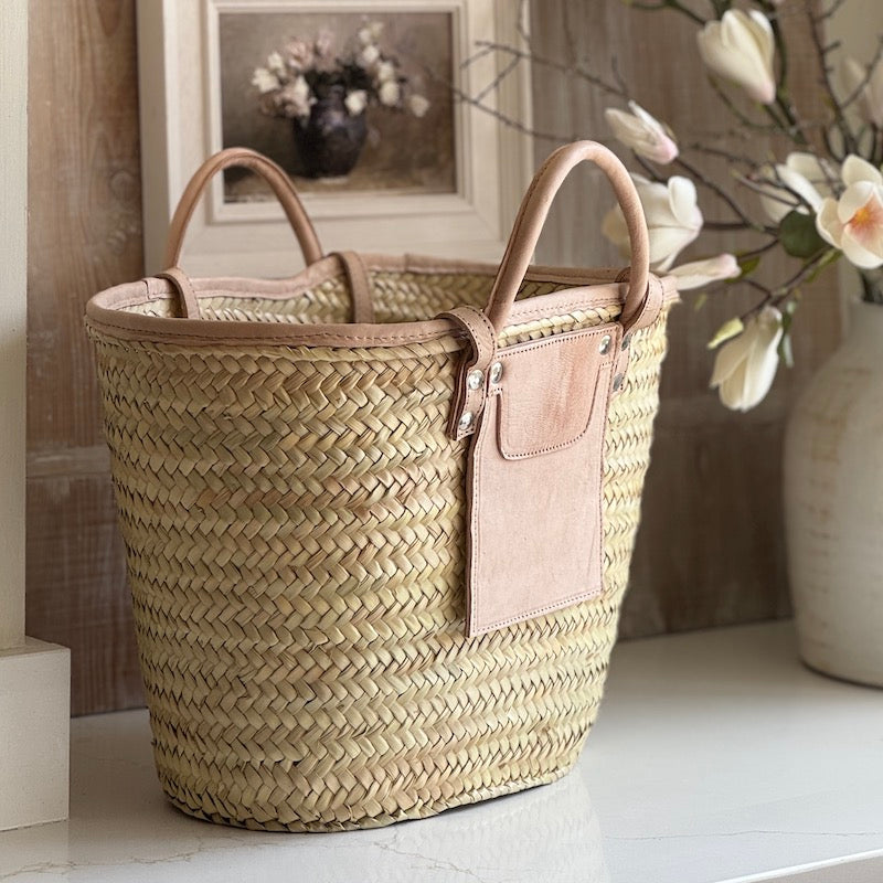 Woven Rattan Tote Bag With Leather Trim