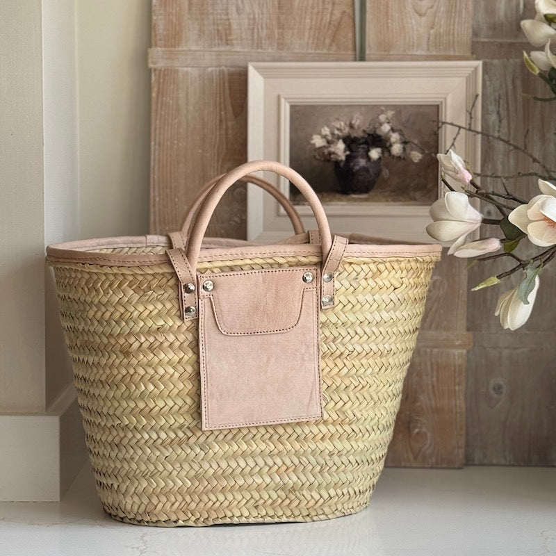 Woven Rattan Tote Bag With Leather Trim