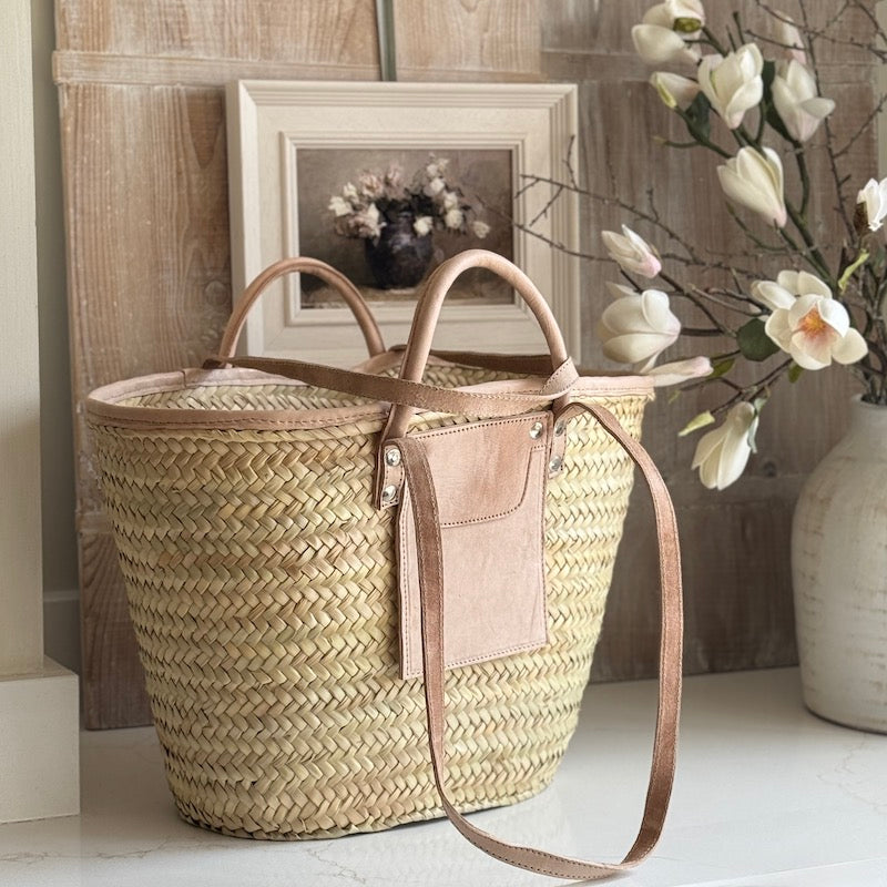 Woven Rattan Tote Bag With Leather Trim