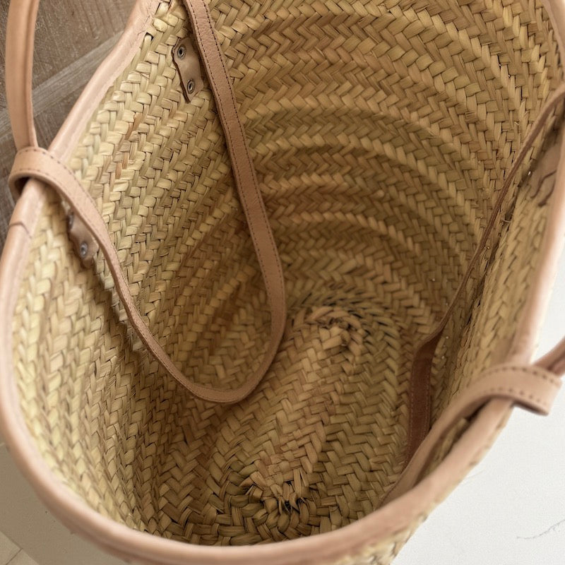 Woven Rattan Tote Bag With Leather Trim