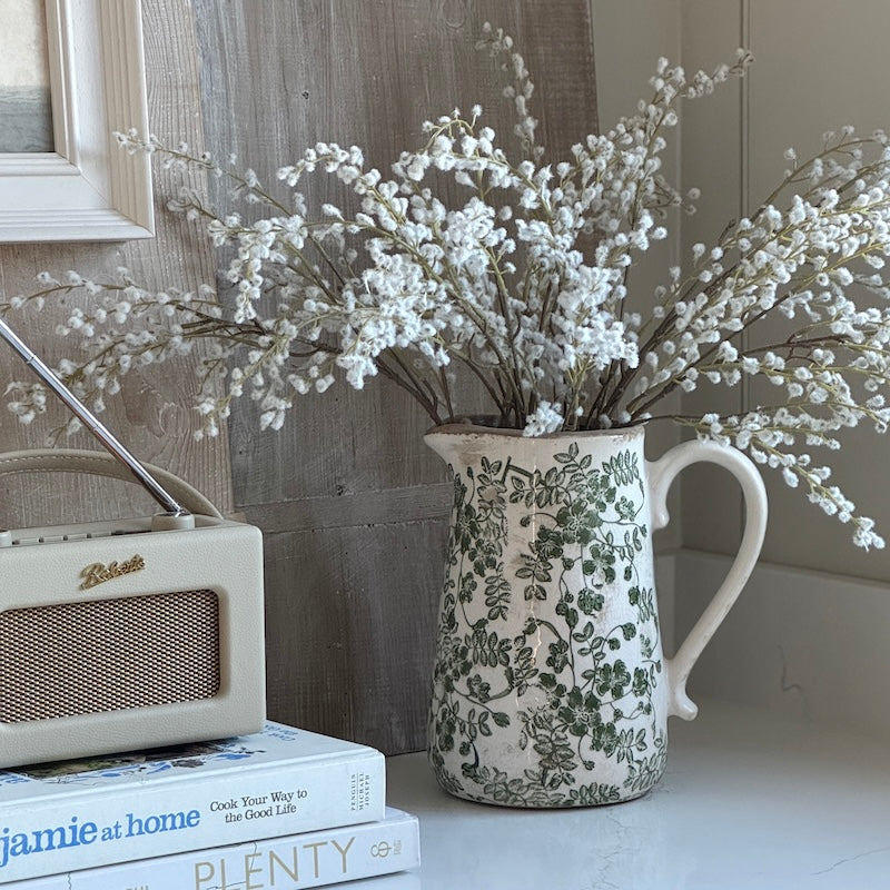 White Ceramic Pitcher Vase Green Floral