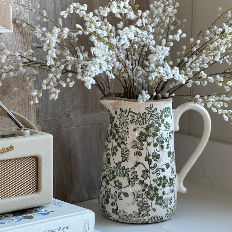 White Ceramic Pitcher Vase Green Floral