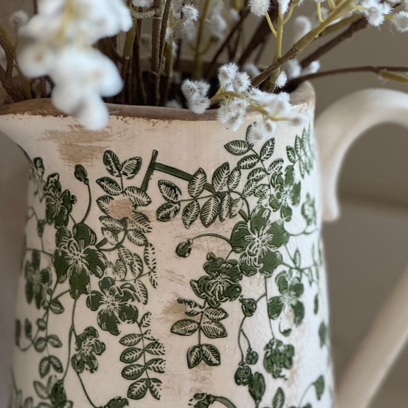 White Ceramic Pitcher Vase Green Floral