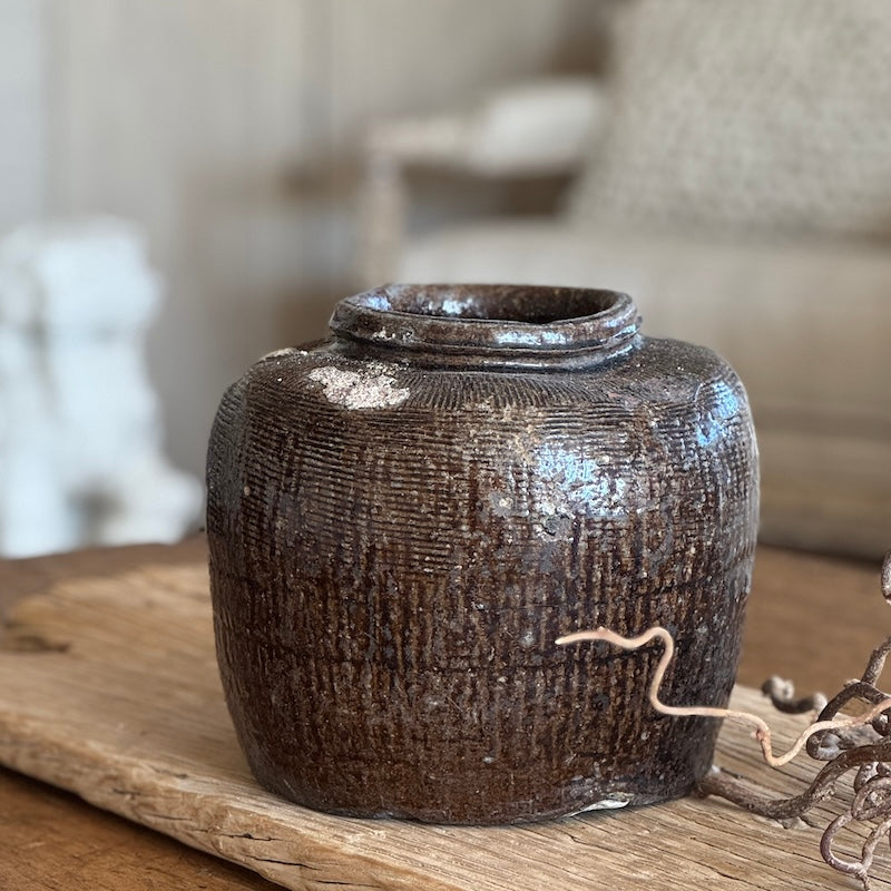 Vintage Aged Rustic Brown Ceramic Vase